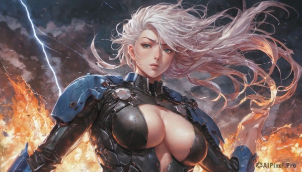 1girl,solo,long hair,breasts,looking at viewer,bangs,blue eyes,large breasts,cleavage,closed mouth,upper body,white hair,outdoors,parted lips,sky,shiny,artist name,cloud,armor,lips,clothing cutout,bodysuit,floating hair,cleavage cutout,cloudy sky,fire,wind,shoulder armor,genderswap,center opening,explosion,lightning,sparks,hair between eyes,pauldrons