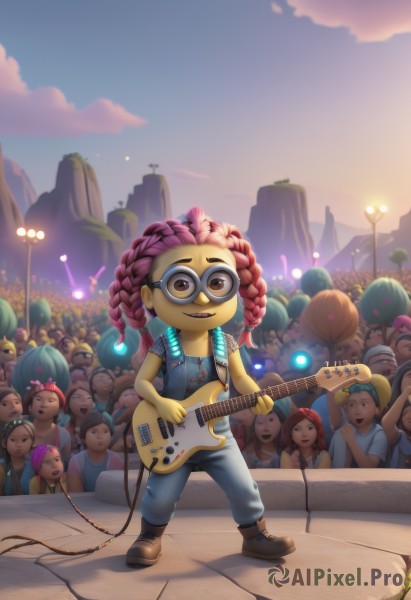 1girl,long hair,looking at viewer,smile,short hair,open mouth,multiple girls,brown hair,holding,brown eyes,pink hair,braid,boots,outdoors,multiple boys,sky,glasses,solo focus,pants,cloud,dark skin,twin braids,dark-skinned female,colored skin,6+girls,brown footwear,goggles,instrument,child,microphone,6+boys,jeans,music,guitar,female child,playing instrument,holding instrument,electric guitar,crowd,stage,dreadlocks,6+others,shirt,bow,twintails,standing,full body,short sleeves,red hair,parted lips,open clothes,shoes,teeth,artist name,vest,tree,cosplay,mask,glowing,cloudy sky,blue shirt,denim,sunset,overalls,lamppost,open vest