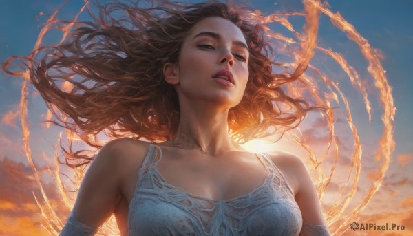 1girl,solo,long hair,breasts,brown hair,dress,bare shoulders,jewelry,medium breasts,collarbone,closed eyes,upper body,outdoors,parted lips,sky,teeth,cloud,necklace,white dress,lips,floating hair,watermark,wind,freckles,sunset,realistic,nose,looking at viewer,brown eyes,day,blue sky,from below,sunlight,backlighting