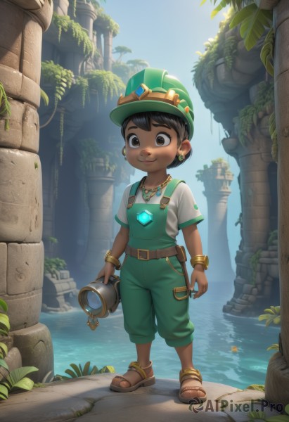 solo,looking at viewer,smile,short hair,shirt,black hair,1boy,hat,holding,brown eyes,jewelry,standing,full body,short sleeves,male focus,earrings,outdoors,day,belt,dark skin,water,necklace,black eyes,bracelet,tree,leaf,sandals,dark-skinned male,plant,child,overalls,male child,1girl,blush,brown hair,white shirt,sky,dark-skinned female,blue sky,pouch,rock,green headwear,waterfall,watering can