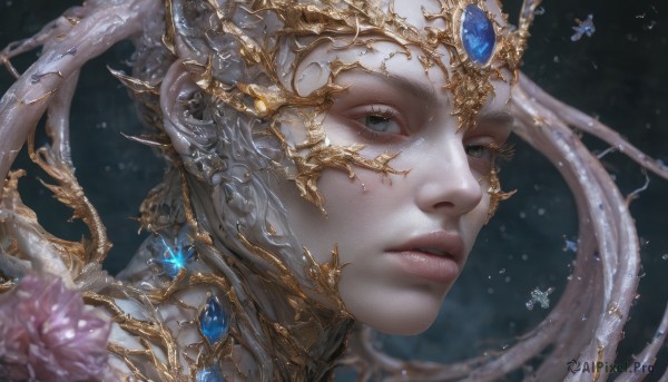 1girl,solo,long hair,looking at viewer,blue eyes,jewelry,flower,parted lips,teeth,artist name,blurry,lips,grey eyes,eyelashes,depth of field,blurry background,gem,portrait,close-up,freckles,crystal,realistic,blonde hair,earrings,helmet,gold trim,nose,gold