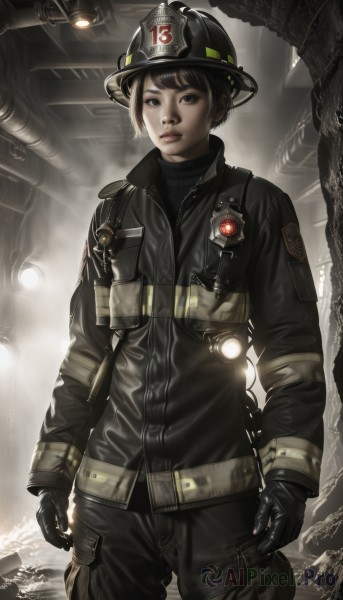 1girl,solo,looking at viewer,short hair,black hair,gloves,hat,brown eyes,closed mouth,standing,jacket,cowboy shot,black gloves,pants,uniform,black eyes,lips,military,military uniform,helmet,science fiction,pouch,realistic,nose,brown hair,long sleeves,black jacket,black pants