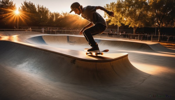 solo,short hair,shirt,black hair,1boy,hat,short sleeves,male focus,outdoors,shoes,pants,water,from side,tree,black shirt,facial hair,black pants,sneakers,baseball cap,sunset,sportswear,watercraft,bridge,boat,skateboard,sky,signature,sunlight,scenery,sun