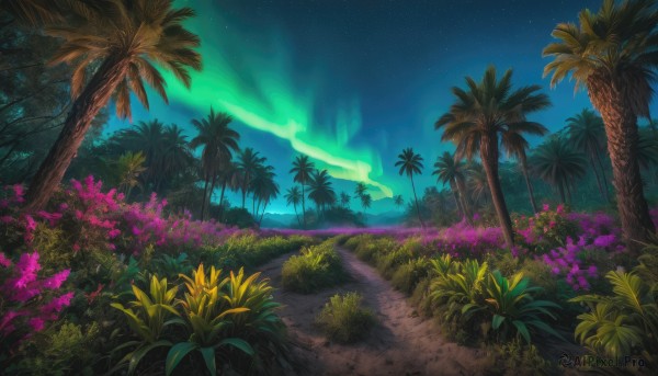 flower, outdoors, sky, tree, no humans, night, grass, plant, star (sky), nature, night sky, scenery, starry sky, palm tree