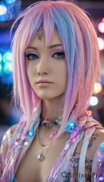 1girl,solo,long hair,breasts,looking at viewer,blue eyes,cleavage,jewelry,medium breasts,closed mouth,blue hair,upper body,pink hair,multicolored hair,small breasts,necklace,blurry,lips,see-through,eyelashes,tattoo,makeup,depth of field,blurry background,gem,pendant,eyeshadow,circlet,realistic,nose,bokeh,mascara,short hair,bangs,dress,choker,artist name,two-tone hair,streaked hair,watermark,portrait,web address,water drop,pink lips