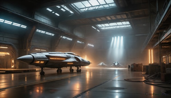 HQ,indoors,signature,water,military,no humans,window,robot,scenery,reflection,science fiction,light rays,realistic,aircraft,light,cable,spacecraft,lights,flying,military vehicle,airplane,vehicle focus,jet,cockpit,fighter jet,thrusters