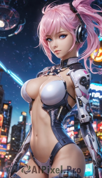 1girl,solo,long hair,breasts,looking at viewer,bangs,blue eyes,large breasts,thighhighs,gloves,navel,cleavage,twintails,medium breasts,pink hair,cowboy shot,parted lips,sky,blurry,side ponytail,leotard,lips,night,headphones,building,star (sky),headset,science fiction,city,cityscape,cyborg,cyberpunk,smile,closed mouth,outdoors,elbow gloves,stomach,armor,thigh strap,depth of field,blurry background,highleg,night sky,starry sky