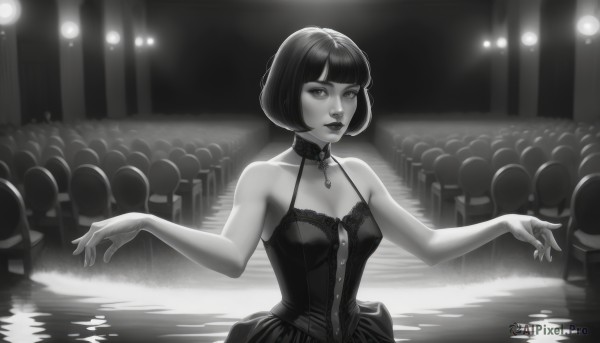 1girl,solo,breasts,looking at viewer,short hair,bangs,dress,cleavage,bare shoulders,jewelry,medium breasts,collarbone,monochrome,upper body,greyscale,parted lips,sleeveless,solo focus,choker,blunt bangs,necklace,lips,bare arms,makeup,sleeveless dress,halterneck,bob cut,lipstick,dancing,halter dress,crowd,stage,water,nose,music,stage lights,concert