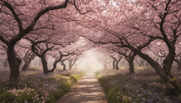 flower, outdoors, day, tree, no humans, sunlight, grass, cherry blossoms, nature, scenery, pink flower, road, path