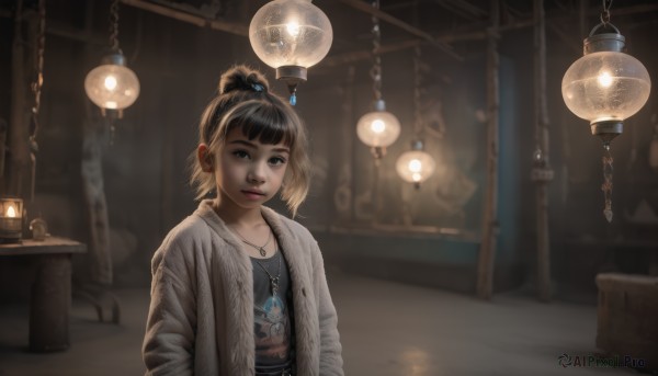 1girl,solo,looking at viewer,short hair,bangs,brown hair,shirt,black hair,hair ornament,long sleeves,brown eyes,jewelry,closed mouth,jacket,upper body,ponytail,open clothes,indoors,blunt bangs,necklace,hair bun,blurry,black eyes,lips,depth of field,blurry background,table,single hair bun,cardigan,pendant,lantern,realistic,nose,hands in pockets,hair stick,lamp,open cardigan,coat,scenery,light