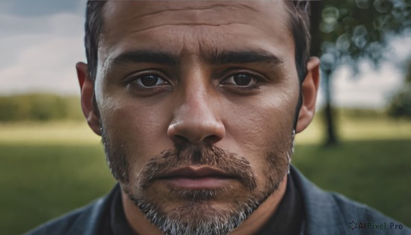 solo,looking at viewer,short hair,black hair,1boy,brown eyes,closed mouth,male focus,outdoors,blurry,black eyes,blurry background,facial hair,thick eyebrows,portrait,beard,close-up,mature male,realistic,mustache,old,old man,wrinkled skin,brown hair,shirt,day,lips,black shirt,depth of field,manly