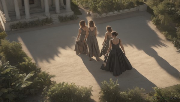 long hair,short hair,multiple girls,brown hair,black hair,dress,bare shoulders,outdoors,sleeveless,3girls,from behind,black dress,4girls,sleeveless dress,shadow,holding hands,sunlight,single hair bun,plant,scenery,walking,bush,pillar,standing,barefoot,day,artist name,bare arms,grass,facing away,road