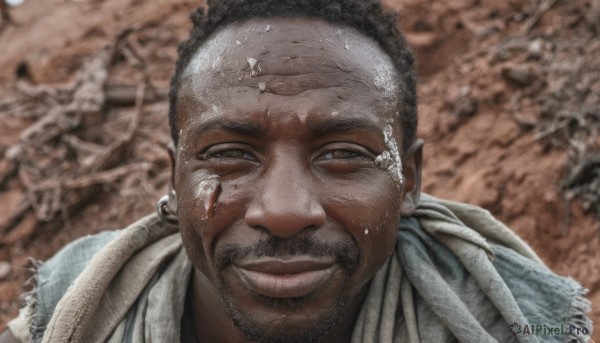 solo,looking at viewer,smile,black hair,1boy,closed mouth,male focus,dark skin,blurry,blurry background,facial hair,scar,dark-skinned male,portrait,beard,realistic,mustache,bald,shirt,jewelry,earrings,lips,bandana,goatee,dirty