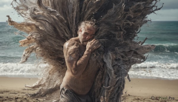 solo, short hair, 1boy, male focus, outdoors, sky, day, water, facial hair, ocean, beach, beard, topless male, realistic, sand, old, old man, waves