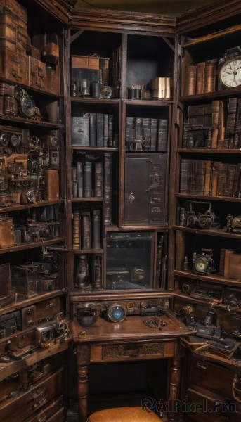 indoors,cup,book,no humans,window,night,chair,table,bottle,scenery,desk,clock,bookshelf,shelf,book stack,gears,still life,flask,globe,steampunk,weighing scale,telescope,hourglass,loaded interior,lamp,jar,drawer,cabinet