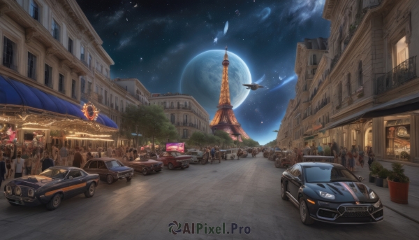 outdoors,multiple boys,sky,cloud,tree,no humans,window,night,bird,moon,plant,ground vehicle,building,star (sky),night sky,scenery,motor vehicle,full moon,starry sky,6+boys,city,aircraft,fantasy,clock,car,potted plant,road,vehicle focus,lamppost,street,multiple girls,flying,sign,flag,tower,statue,pavement,crosswalk,clock tower,fountain