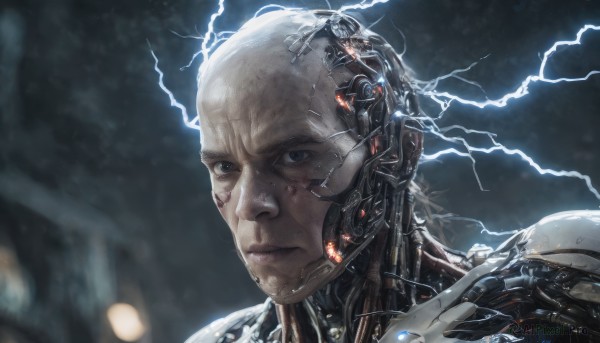 solo, 1boy, male focus, robot, science fiction, realistic, android, electricity, cable, bald, cyborg, damaged, lightning, cyberpunk, mechanical parts