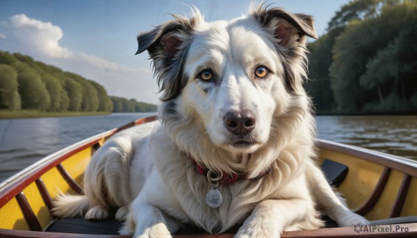 HQ,outdoors,sky,day,cloud,water,collar,tree,blue sky,no humans,animal,dog,realistic,watercraft,animal focus,river,boat,solo,looking at viewer,brown eyes,blurry,nature,bench,animal collar,park