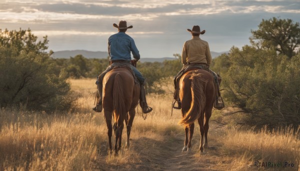 shirt,long sleeves,hat,sitting,male focus,outdoors,multiple boys,sky,day,pants,cloud,2boys,from behind,tree,cloudy sky,grass,nature,scenery,forest,riding,field,horse,cowboy hat,taur,horseback riding,centaur,reins,saddle,black hair,holding,jacket,white shirt,weapon,boots,black footwear,blue sky,coat,black headwear,animal,blue shirt,blue jacket,facing away,brown pants,cowboy western