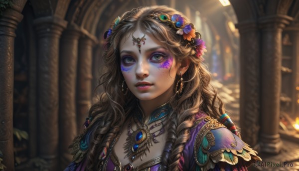 1girl,solo,long hair,looking at viewer,blonde hair,brown hair,hair ornament,jewelry,green eyes,upper body,braid,flower,earrings,parted lips,artist name,indoors,signature,hair flower,necklace,armor,mole,blurry,twin braids,lips,dutch angle,eyelashes,makeup,depth of field,blurry background,wavy hair,facial mark,plant,lipstick,shoulder armor,gem,eyeshadow,freckles,curly hair,pauldrons,circlet,hoop earrings,pink lips,realistic,nose,fantasy,purple flower,red lips,eyeliner,facepaint,shoulder pads,pillar,mascara,hair beads,gorget,column,multiple braids,blue eyes,sunlight,feathers,portrait,arch