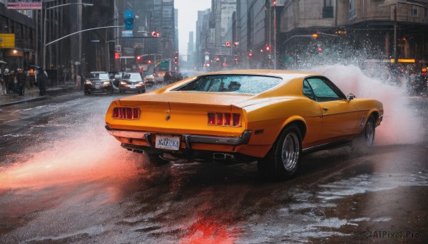 outdoors,no humans,ground vehicle,building,scenery,motor vehicle,rain,city,sign,realistic,car,road,vehicle focus,lamppost,street,road sign,traffic light,sports car,truck,night,puddle