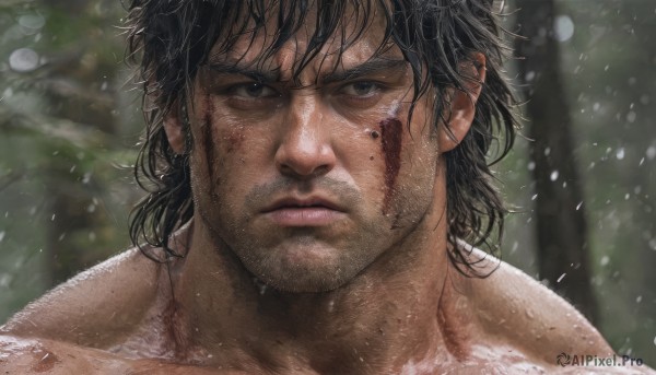 solo,looking at viewer,bangs,black hair,1boy,closed mouth,male focus,outdoors,medium hair,mole,blurry,black eyes,wet,blood,blurry background,facial hair,scar,portrait,snow,blood on face,snowing,realistic,stubble,wet hair,manly,scar on face,close-up,rain,serious,scar across eye