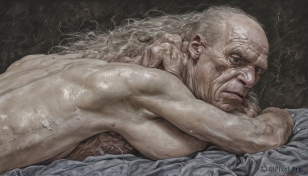 solo,long hair,looking at viewer,1boy,closed mouth,upper body,white hair,male focus,nude,lying,grey eyes,muscular,bed sheet,facial hair,scar,on stomach,scar on face,veins,realistic,bald,manly,old,old man,wrinkled skin,breasts,sweat,from side,traditional media,breast press