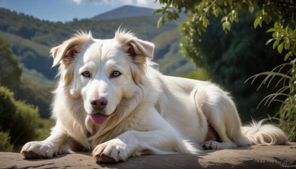 HQ,solo,looking at viewer,blue eyes,full body,outdoors,lying,sky,day,tongue,signature,tongue out,blurry,tree,blue sky,no humans,blurry background,animal,leaf,watermark,grass,plant,on stomach,nature,dog,mountain,realistic,animal focus,brown eyes,cloud,sunlight,web address,bush,deviantart username