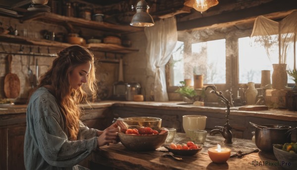 1girl,solo,long hair,blonde hair,brown hair,long sleeves,holding,upper body,braid,food,day,indoors,wide sleeves,blurry,from side,window,profile,fruit,looking down,table,sunlight,bottle,plant,curtains,steam,scenery,plate,bowl,robe,realistic,spoon,apple,basket,potted plant,lamp,shelf,ladle,kitchen,jar,counter,cutting board,knife,half updo,light,cooking,orange (fruit)