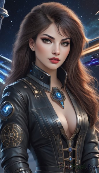 1girl,solo,long hair,breasts,looking at viewer,brown hair,cleavage,brown eyes,jewelry,medium breasts,jacket,upper body,earrings,open clothes,sky,necklace,lips,black jacket,eyelashes,bodysuit,makeup,night,lipstick,star (sky),night sky,starry sky,realistic,nose,center opening,unzipped,red lips,eyeliner,space,bangs,closed mouth,weapon,artist name,signature,eyeshadow,black bodysuit,stud earrings