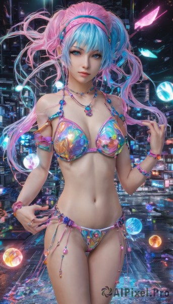 1girl,solo,long hair,breasts,looking at viewer,smile,bangs,blue eyes,navel,cleavage,twintails,jewelry,medium breasts,blue hair,standing,swimsuit,pink hair,bikini,multicolored hair,cowboy shot,hairband,earrings,parted lips,water,necklace,stomach,nail polish,bracelet,two-tone hair,lips,gradient hair,night,floating hair,side-tie bikini bottom,thigh gap,ring,building,armlet,city,realistic,print bikini,bare shoulders,closed mouth,collarbone,artist name,fingernails,watermark,beads,cityscape