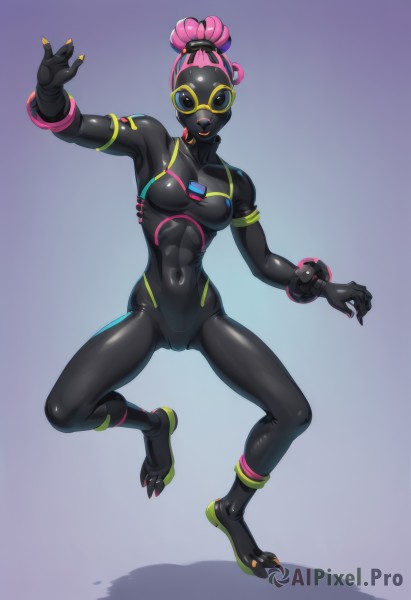 1girl,solo,breasts,looking at viewer,jewelry,medium breasts,full body,pink hair,hair bun,nail polish,bodysuit,covered navel,mask,abs,skin tight,claws,fighting stance,black bodysuit,yellow nails,black skin,neon trim,gloves,small breasts,single hair bun,latex,gas mask,latex bodysuit