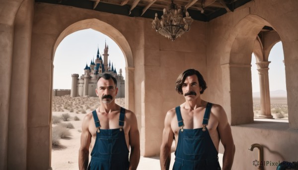 short hair,brown hair,black hair,collarbone,male focus,multiple boys,day,indoors,2boys,black eyes,muscular,facial hair,siblings,beard,realistic,mustache,overalls,manly,brothers,castle,statue,arch,chandelier,blue overalls,naked overalls