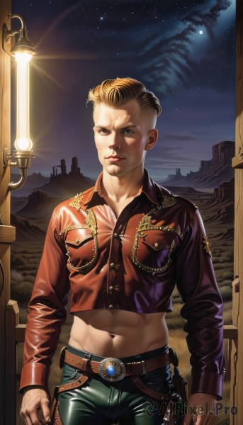 solo,looking at viewer,short hair,blonde hair,brown hair,shirt,1boy,navel,brown eyes,standing,jacket,weapon,male focus,cowboy shot,outdoors,sky,midriff,belt,pants,lips,crop top,gun,muscular,night,facial hair,abs,star (sky),night sky,red jacket,handgun,starry sky,realistic,holster,very short hair,leather,leather jacket,leather pants,blue eyes,tree,denim,mountain,lamppost,revolver