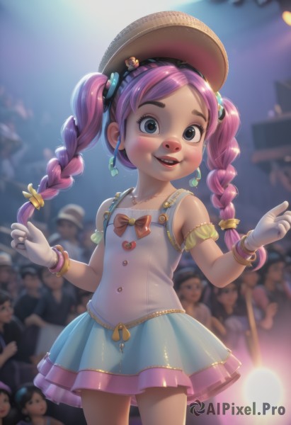 1girl,long hair,looking at viewer,blush,smile,open mouth,skirt,hair ornament,gloves,hat,dress,bow,bare shoulders,twintails,jewelry,pink hair,purple hair,braid,cowboy shot,earrings,multiple boys,teeth,sleeveless,solo focus,white gloves,necklace,mole,blurry,black eyes,twin braids,flat chest,bracelet,lips,blue skirt,grey eyes,mole under eye,blurry background,watermark,child,female child,idol,crowd,solo,bangs,blue eyes,shirt,standing,collarbone,heart,outdoors,frills,parted lips,artist name,armlet,heart hair ornament,heart necklace