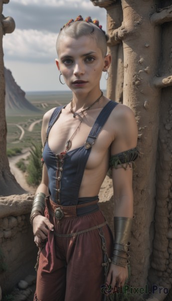 1girl,solo,breasts,looking at viewer,short hair,cleavage,bare shoulders,brown eyes,jewelry,medium breasts,standing,collarbone,cowboy shot,earrings,small breasts,outdoors,parted lips,sky,day,belt,pants,necklace,hair bun,mole,blurry,bracelet,lips,grey eyes,no bra,sideboob,blurry background,chain,suspenders,armlet,freckles,mole on breast,hoop earrings,realistic,nose,overalls,bracer,red pants,white hair,hand on hip,makeup,very short hair