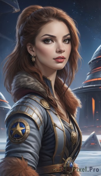 1girl,solo,long hair,breasts,looking at viewer,brown hair,brown eyes,jewelry,upper body,ponytail,earrings,outdoors,parted lips,sky,belt,artist name,signature,star (symbol),lips,coat,fur trim,eyelashes,makeup,night,lipstick,star (sky),night sky,half updo,starry sky,freckles,nose,red lips,jacket,braid,armor,watermark,snow,fur collar,realistic,badge