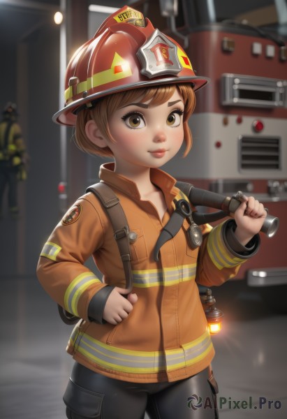 1girl,solo,looking at viewer,smile,short hair,bangs,brown hair,long sleeves,hat,holding,brown eyes,closed mouth,standing,jacket,weapon,cowboy shot,pants,bag,blurry,lips,blurry background,black pants,backpack,helmet,zipper,freckles,pocket,over shoulder,patch,blush,thick eyebrows,ground vehicle,bike shorts,nose