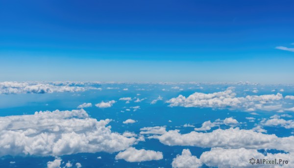 monochrome,outdoors,sky,day,cloud,blue sky,no humans,ocean,cloudy sky,scenery,blue theme,horizon,landscape,above clouds,water,flying,aircraft,island