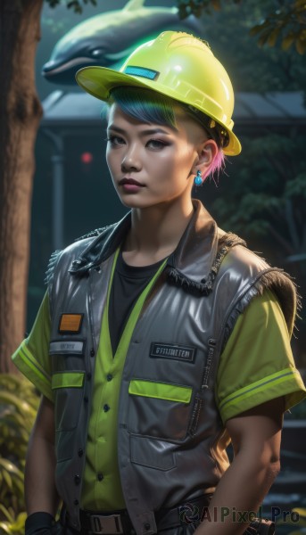 1girl,solo,looking at viewer,short hair,shirt,gloves,1boy,hat,brown eyes,jewelry,closed mouth,blue hair,upper body,pink hair,short sleeves,male focus,multicolored hair,earrings,outdoors,open clothes,black gloves,belt,pants,artist name,blurry,black eyes,vest,two-tone hair,tree,lips,makeup,buttons,blurry background,watermark,helmet,web address,pocket,realistic,nose,yellow headwear,jacket,signature,piercing,freckles,stud earrings,very short hair,leather,leather jacket