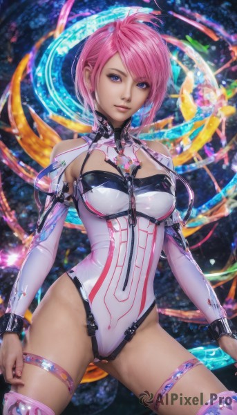 1girl,solo,breasts,looking at viewer,smile,short hair,bangs,blue eyes,thighhighs,cleavage,bare shoulders,medium breasts,standing,pink hair,cowboy shot,detached sleeves,shiny,leotard,lips,clothing cutout,covered navel,makeup,thigh strap,swept bangs,watermark,ass visible through thighs,skin tight,highleg leotard,zipper,science fiction,legs apart,contrapposto,realistic,nose,white leotard,closed mouth,chain,highleg