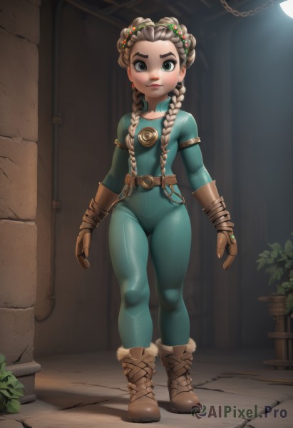 1girl,solo,long hair,looking at viewer,blue eyes,brown hair,hair ornament,gloves,twintails,jewelry,closed mouth,green eyes,standing,full body,braid,earrings,boots,belt,indoors,twin braids,flat chest,lips,bodysuit,brown footwear,thick eyebrows,plant,hair over shoulder,skin tight,buckle,brown gloves,female child,brown belt,leather,alley,leather belt,leather gloves,leather boots,artist name,hair bun,makeup,ring,green bodysuit