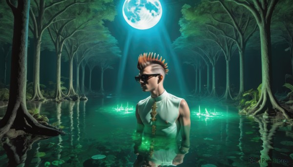 solo,brown hair,1boy,male focus,sleeveless,water,tree,night,moon,sunglasses,nature,scenery,full moon,wading,forest,reflection,lily pad,pond,black hair,jewelry,upper body,flower,red hair,outdoors,necktie,sky,dark skin,facial hair,piercing,dark-skinned male,cross,plant,night sky,green theme,lotus,moonlight,mohawk