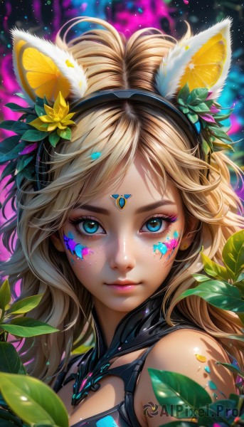 1girl,solo,long hair,looking at viewer,bangs,blue eyes,blonde hair,hair ornament,animal ears,bare shoulders,jewelry,closed mouth,upper body,flower,hairband,earrings,artist name,cat ears,hair flower,blurry,lips,fox ears,clothing cutout,eyelashes,makeup,fake animal ears,leaf,watermark,facial mark,bug,plant,lipstick,portrait,eyeshadow,freckles,pink lips,yellow flower,nose,eyeliner,whisker markings,facepaint,mascara,breasts,cleavage,food,sleeveless,parted bangs,fruit,depth of field,cleavage cutout,gem,lemon,paint splatter,paint,lemon slice