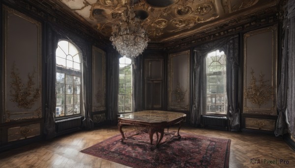 day,indoors,tree,dutch angle,no humans,window,chair,table,sunlight,curtains,scenery,wooden floor,door,candle,painting (object),carpet,candlestand,rug,chandelier,plant,architecture,fireplace