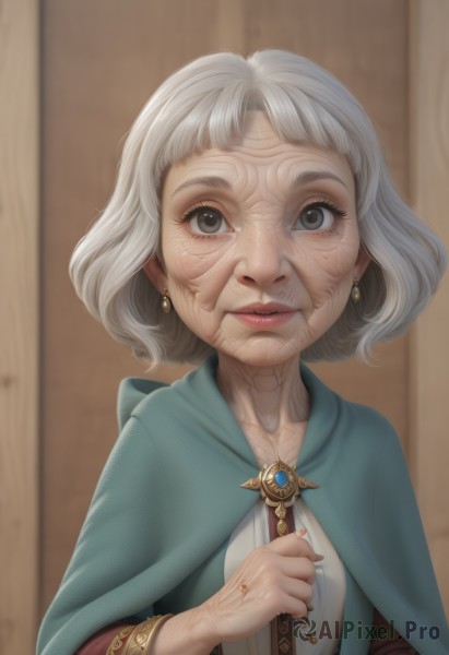 1girl,solo,looking at viewer,short hair,bangs,long sleeves,jewelry,upper body,white hair,grey hair,earrings,parted lips,blurry,black eyes,lips,grey eyes,eyelashes,capelet,blurry background,ring,old,old woman,dress,artist name,cape,watermark,web address,realistic,nose