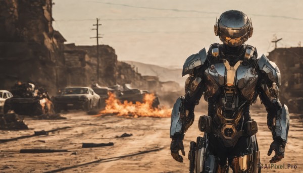 1boy,standing,weapon,male focus,outdoors,multiple boys,2boys,armor,gun,military,helmet,fire,robot,ground vehicle,mecha,motor vehicle,rifle,smoke,science fiction,military vehicle,car,holster,tank,police,power lines,damaged,utility pole,power armor,soldier,desert,burning,truck,solo,sky,blurry,realistic,road,ruins