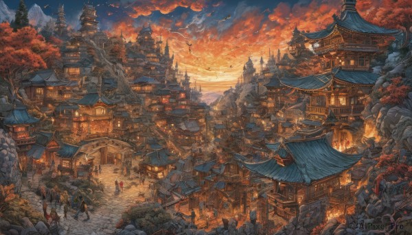 outdoors,multiple boys,sky,cloud,tree,bird,cloudy sky,building,scenery,smoke,sunset,lantern,stairs,mountain,city,fantasy,road,cityscape,architecture,house,bridge,east asian architecture,tower,landscape,rooftop,town,pagoda,multiple girls,japanese clothes,signature,walking,rock,autumn leaves,multiple others