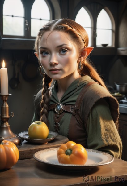 1girl,solo,long hair,looking at viewer,blue eyes,brown hair,jewelry,upper body,braid,hairband,earrings,food,pointy ears,indoors,blurry,lips,window,single braid,fruit,table,elf,hair over shoulder,forehead,plate,freckles,realistic,nose,candle,hair pulled back,orange (fruit),blonde hair,closed mouth,day,twin braids,sunlight,backlighting,apple,jack-o'-lantern,pumpkin,mascara,candlestand,sidelighting