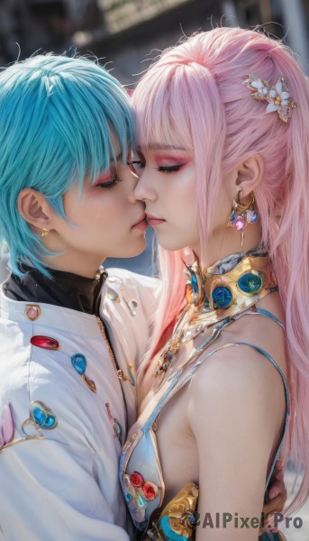 1girl,long hair,breasts,short hair,bangs,multiple girls,hair ornament,1boy,dress,2girls,bare shoulders,jewelry,medium breasts,blue hair,jacket,closed eyes,upper body,pink hair,flower,hetero,earrings,parted lips,sleeveless,hair flower,necklace,yuri,blurry,from side,lips,eyelashes,makeup,sleeveless dress,depth of field,blurry background,white jacket,couple,lipstick,kiss,gem,eyeshadow,pink lips,realistic,eyeliner,imminent kiss,blue gemstone,mascara,blush,cleavage,closed mouth,sidelocks,artist name,signature,hug,breast press,nose,symmetrical docking,asymmetrical docking,badge,button badge